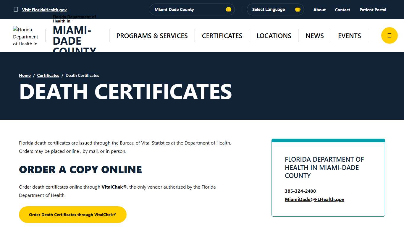 Death Certificates - Florida Department of Health in Miami-Dade County